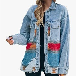 Ladies Denim Aztec Shirt Jacket‎ SMALL Button Front Western Wear Relaxed Fit